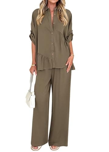 KIRUNDO Two Piece Sets for Women Spring Outfits 2026 Summer Dressy Casual Button Down Shirt Wide Leg Pants Lounge Set(Army Green, X-Large) - Image 1