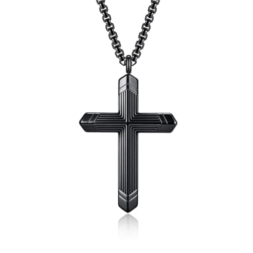 Stainless Steel Cross Necklace for Men, Silver Black gold plated Cross Pendant Jesus Necklace Chain, Non Tarnish Sturdy Mens Christian Jewelry Gifts for Him Baptism Confirmation Birthday, 24 Inch - Image 1