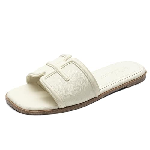 Athlefit Flat Sandals for Women Dressy Square Open Toe Comfortable Slip On Summer Beach Casual Slide Sandals Ivory Size 5.5 - Image 1