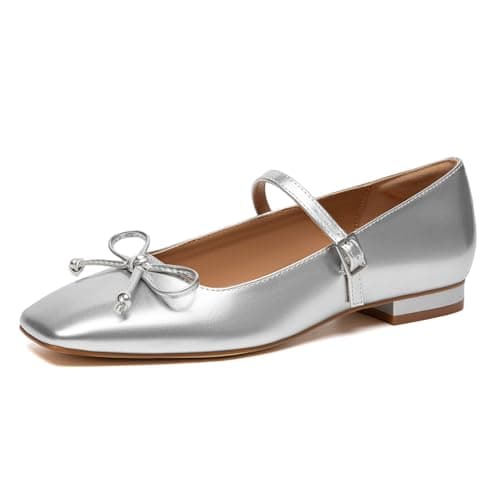 Athlefit Women's Mary Jane Flats Dressy Comfortable Square Toe Slip On Silver Ballet Flats Shoes with Buckle Strap Size 7.5 - Image 1