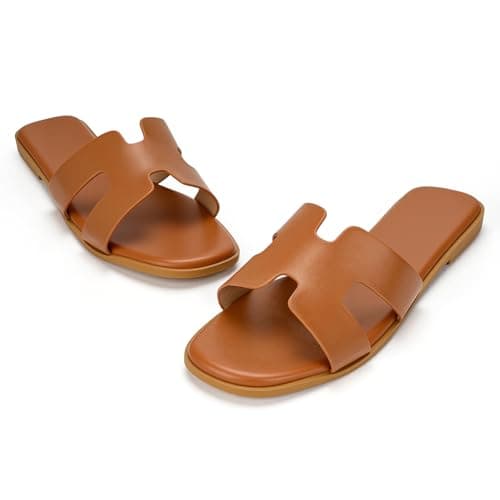 EcooInviv Women's Dressy Flat Sandals Comfortable Slip-On Slide Sandals Brown - Thumbnail 5