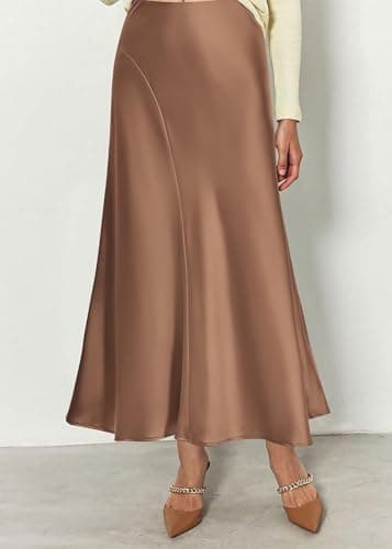KIRUNDO Women Spring Summer Satin Maxi Skirt 2026 Trendy High Waisted Wedding Cocktail Party Work Silk A-Line Formal Skirts(Small, Coffee) - Thumbnail 5