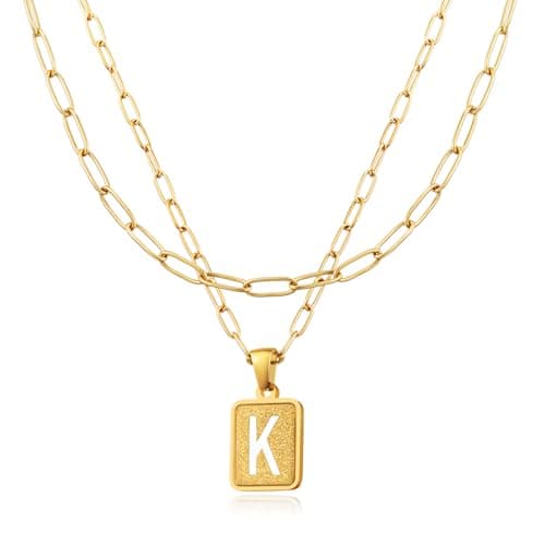 LETFLY Initial Gold Necklaces for Women, 18K Gold Plated Letter Layering Necklace Square Shaped Pendant with Adjustable Paperclip Chain for Womens Jewelry Gifts Alphabets K - Image 1