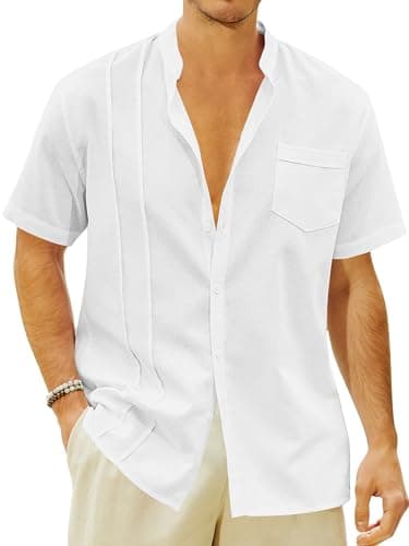 Mens Casual Button Shirts Cotton Linen Summer Beach Short Sleeve Tops for Lounge Vacation White - Image 1