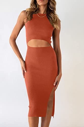 PRETTYGARDEN Women's Summer Midi Bodycon Dresses Casual Crew Neck Side Slit Sleeveless Knit Cut Out Tank Top Dress (Brick Red,Large) - Thumbnail 4