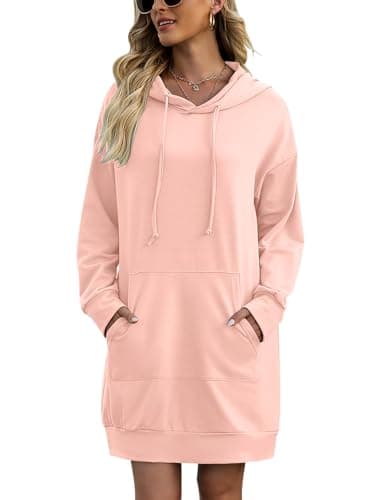 Quenteen Women Hoodies Dress Hooded Sweatshirts Dress Casual Long Sleeve Tunic Dress Oversized Sweatshirts with Pocket A-Pink - Image 1