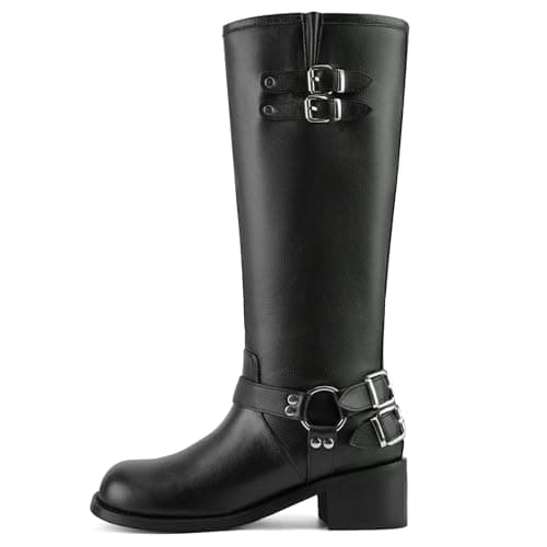 QIV Black Pebbled Knee High Motorcycle Boots for Women – Classic Harness Ring Mid Calf Riding Biker Boots with Buckle Straps & Low Block Heel Size 7 - Image 1