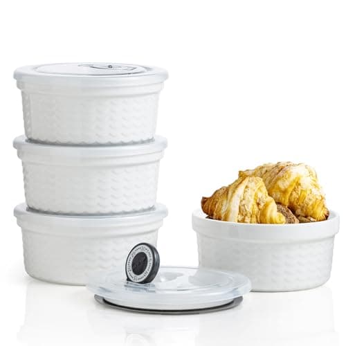 Ceramic Ramekins with Lids Oven Safe Set of 4, Baking Bowls for Dessert, Food Storage Bowls with Airtight Lids, Meal Prep Containers, Lunch Office Meal for Microwave and Freezer, White Ripple - Image 1