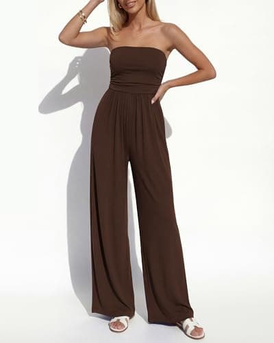 BTFBM Jumpsuits For Women Summer 2026 Beach Vacation Strapless Tube Top Jumpsuit Ruched Casual Wide Leg Pant Rompers(Brown, Large) - Thumbnail 5