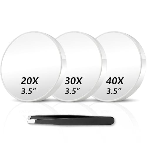 Haikopoon Magnifying Mirror 20X&30X&40X 3 Packs with Tweezer and Suction Cups Set, 3.5 Inches Compact Travel Magnified Mirror-White - Image 1
