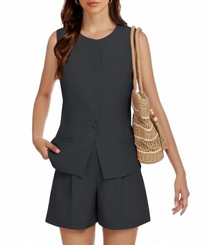 Casly Lamiit Womens 2025 Summer 2 Piece Outfits Sleeveless Crewneck Vest Business Formal Matching Short Sets Dressy Work Suits Dark Grey XL - Image 1
