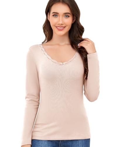 Ganado Long Sleeve Shirts for Women Lace V Neck Thermal Shirt Fitted Basic Tops Plain Layering Undershirts (Beige, X-Small) - Image 1