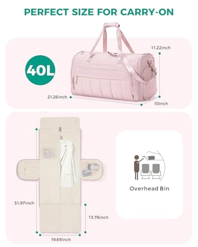 WANDF Convertible Garment Bags for Travel with Wet Pocket Carry on Garment Duffle Bag 2 in 1 Puffy Hanging Clothes Travel Bags with Shoe Compartment for Airplanes Business Weekend Gym Wedding (Pink) - Thumbnail 6