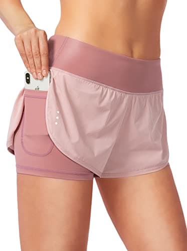 Soothfeel Women's 2 in 1 Running Shorts Workout Athletic Gym Yoga Shorts for Soothfeel Women with Phone Pockets Pink - Image 1