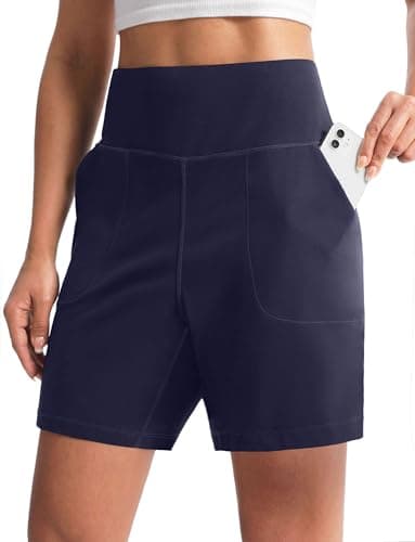 Cyasundent Women's 6" Athletic Shorts with Pockets High Waisted Bermuda Long Shorts for Women Casual Running Walking(Navy_XXL) - Image 1