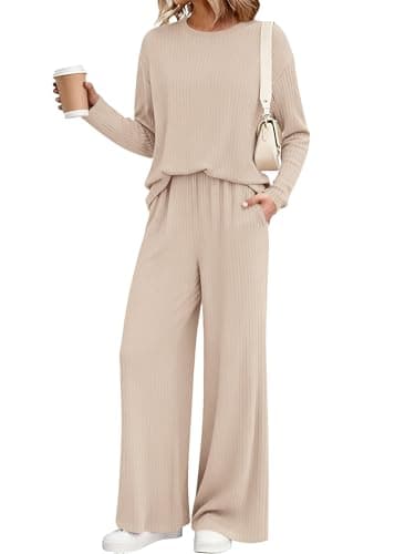 KIRUNDO Spring 2 Piece Lounge Sets for Women Long Sleeve Ribbed Knit Tops Wide Leg Pants Matching Travel Outfits Postpartum(Beige, Medium) - Image 1