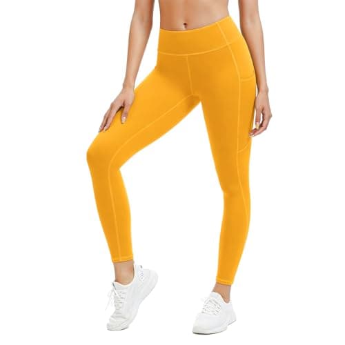 AMLEER Leggings for Women with Pockets, Tummy Control Yoga Pants, Buttery Soft Non See Through Squat Proof High Rise Workout Leggings for Gym Daily Travel, Yellow, Medium - Image 1