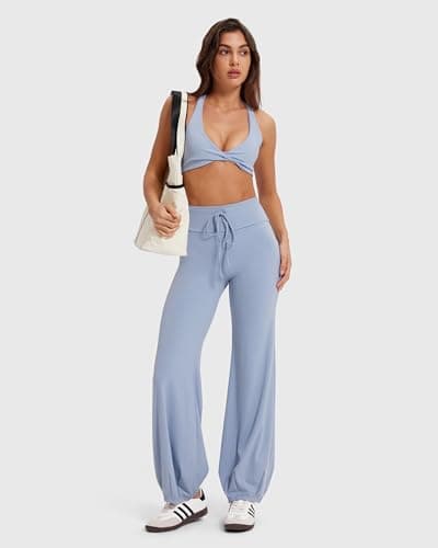 MOOSLOVER Women Bubble Yoga Pants Drawstring Fold Over Flare Leggings Pilates Casual Lounge Pant(XL,Blue) - Thumbnail 4