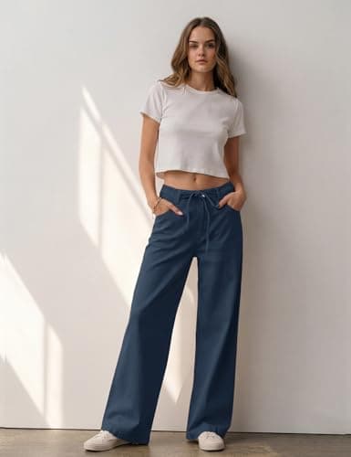 Rapbin Denim Blue Wide Leg Pants for Women Comfy Belt Loops Drawstring Soft Twill Trousers for Daily Street Casual Outfits - Thumbnail 5