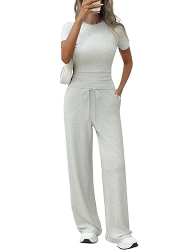 Flevita Womens Two Pcs Lounge Sets Short Sleeve Slim T-shirt and High Waisted Wide Leg Pants with Pockets Soft Pajama Set Airport Travel Outfits Grey L 31" Inseam - Image 1