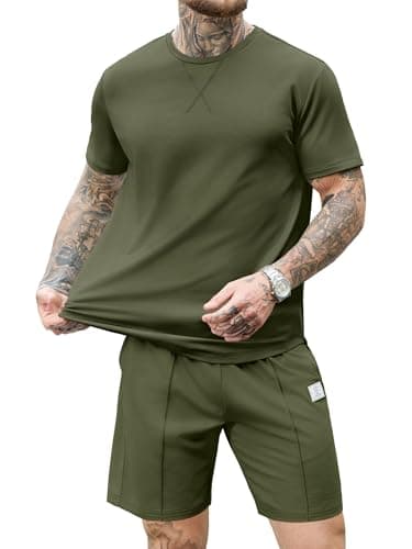 JEMLDL Mens Two Piece Summer Outfit Lounge Wear Comfortable Fashion Short Sleeve Shirt & Shorts Casual Clothing Fashion Set Olive XL
