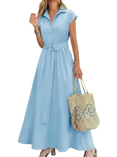 Wenrine Womens Summer Shirt Dress Button Collared Casual Short Sleeve Tie Waist A Line Flowy Long Maxi Dresses Light Blue - Image 1