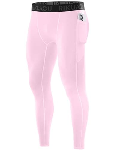 RIKUAOU Men’s Compression Pants Running Leggings Athletic Base Layer Workout Tights with Pockets for Sports Basketball Light Pink - Image 1