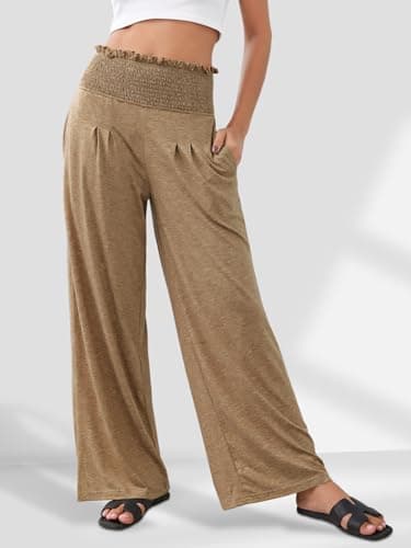 GEMLON Womens Wide Leg Pants High Waisted Palazzo Pants Summer Flowy Lounge Trousers Pants with Pockets Dark Khaki 2XL - Thumbnail 5