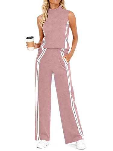 Casly Lamiit Womens 2 Piece Lounge Sets Casual Travel Outfits Sweat Suit Active Mock Neck Tank Tops Track Pants Matching Airport Clothes Dark Pink L - Image 1
