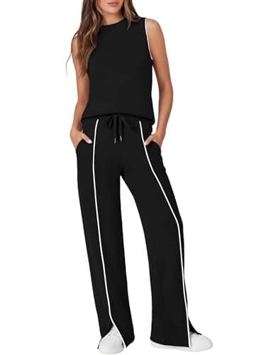 Casly Lamiit 2 Piece Set for Women 2026 Summer Spring Workout Outfits Sleeveless Tank Top Sweatpants Beach Vacation Active Wear Sets Black L - Image 1