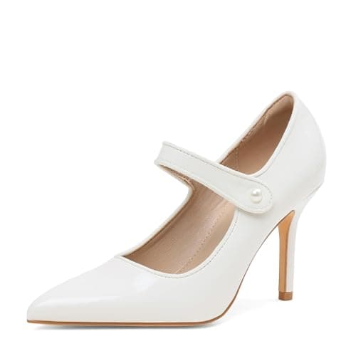 Eteridrey White Mary Jane Heels for Women Closed Toe 3.5 Inch High Heels Pointed Pumps with Pearl Button Strap, Comfort Dress Shoes for Work, Party, Office, Wedding - Image 1