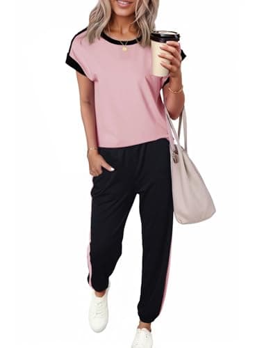 Dokotoo Womens Pajama Sets Summer Outfits Colorblock Short Sleeve Jogger Workout Sets Sweatsuits Loungewear Tracksuits Fall Fashion Clothing 2026 - Image 1