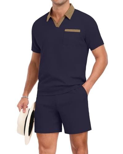 PrinStory Men's Summer Track Suits Waffle Knit Polo Shirt and Shorts Set Casual 2 Pieces Outfits with Pockets Navy Blue-2XL - Image 1