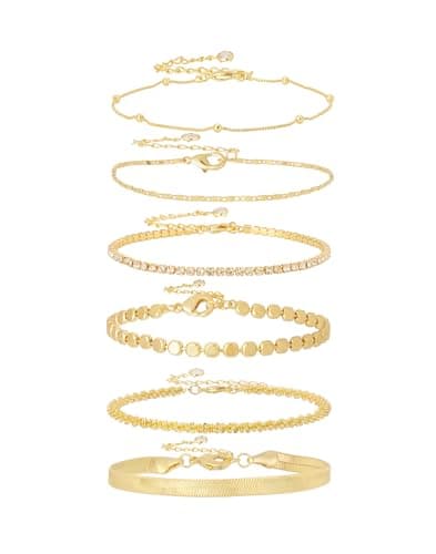 Gold Bracelets for Women 14K Gold Plated Stack Trend Bracelets Charm Paperclip Chain Cuban Link Layered Waterproof Bracelet Dainty Bracelet for Women Jewelry Gifts (Gold 6Pcs)