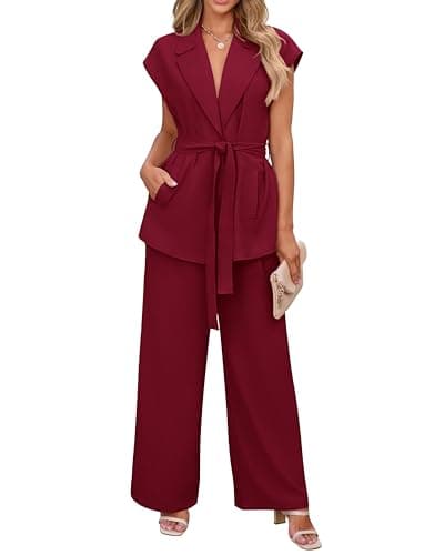 PRETTYGARDEN Matching Sets for Women Cap Sleeve Tie Waist Solid Color Long Blazer Vest Flowy Pant Sets Vacation Outfits(Solid Wine Red,Large) - Image 1