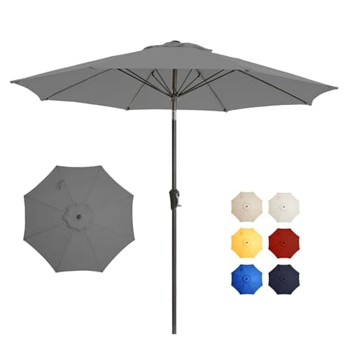 GREFORG 9FT Large Outdoor Patio Umbrella Pool Market Umbrella-UV Resistant, Easy Push Button Tilt and Crank, 8 Sturdy Ribs Heavy-Duty Table Umbrella for Deck, Backyard, Garden(Grey) - Image 1