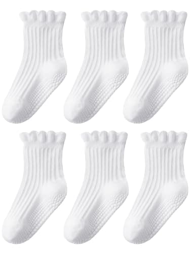 ALLOVIN 6 Pairs Non-Slip Ruffle Lace Socks for Baby & Toddler Girls – Soft Cotton Grip Socks | Off-white | 6-12 Months - Image 1
