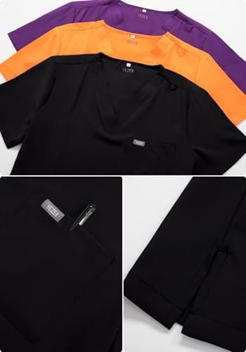 YEZEX Women's Scrub Set, V-Neck Top & Straight Leg Pants w/ 6 Pockets, Medical Scrubs Top & Pants - Thumbnail 2