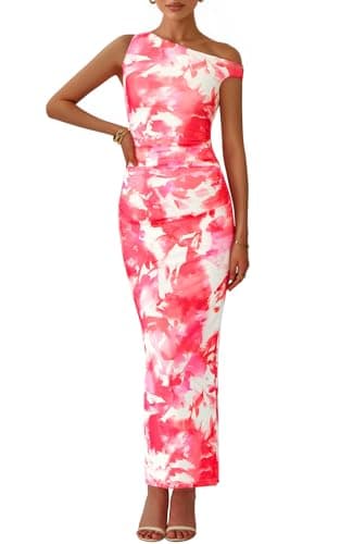 PRETTYGARDEN Women's 2026 Summer Floral One Shoulder Maxi Dress Stretch Sexy Bodycon Dress Slip Cocktail Long Dresses (Light Orange, Medium) - Image 1