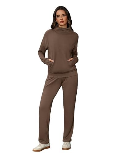 Totatuit Womens Lounge Sweatsuit Set Casual 2 Piece Winter Tracksuit Comfy Turtle Neck Pullover for Sports Wear Light Brown M - Thumbnail 3