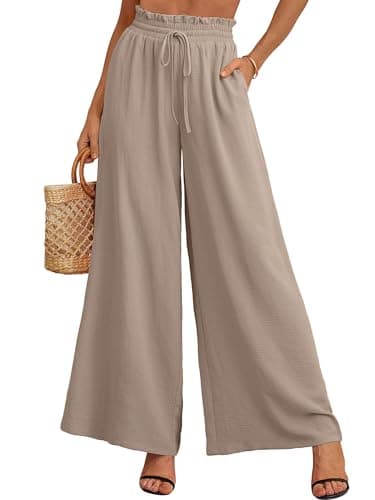 Heymoments Women's Wide Leg Dress Pants with Pockets Wheat XX-Large Lightweight Elastic High Waisted Adjustable Tie Knot Flowy Loose Slacks Lounge Casual Ladies Beach Pleated Trousers - Image 1