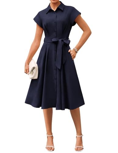 GRACE KARIN Womens Short Sleeve Shirt Dresses 2026 Summer Midi Button Down Dress Work Business Casual Dress with Pockets Navy Blue S - Image 1