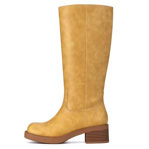 Athlefit Knee High Boots Women Square Toe Yellow Riding Boots Comfortable Slip On Chunky Block Heel Fall Booties Size 11 - Thumbnail 4