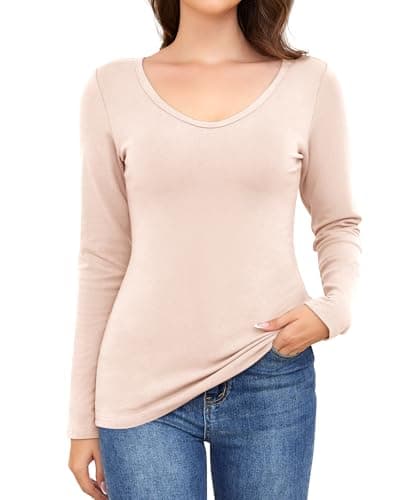 Ganado Long Sleeve Shirts for Women V Neck Thermal Shirt Layering Undershirts Plain Fitted Basic Tops (Beige, X-Large) - Image 1