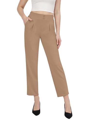 SEAJOJO Dress Pants Women Stretchy High Waist, Tapered Casual Business Slacks Pull on Comfy with Pockets Office Coffee - Image 1