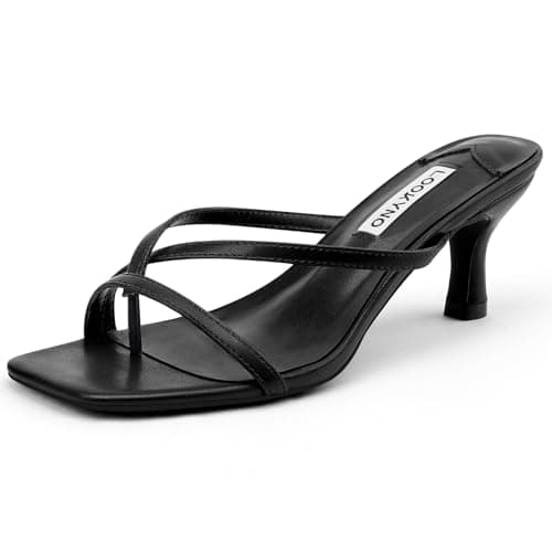 Lookyno Strappy Kitten Heels for Women Square Open Toe Heeled Thong Sandals Low Heel Sexy Trendy Flip Flop Party Casual, Black, 6.5 - Image 1