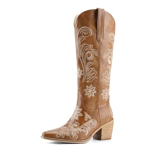 QIV Brown Cowboy Boots for Women Western Pointed Toe Chunky Heel Mid Calf Cowgirl Boots with Embroidered Floral Size 7 - Thumbnail 6