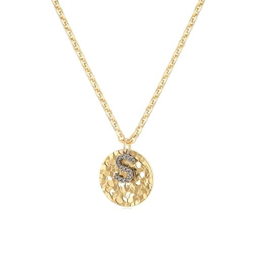MYEARS Initial Necklace for Women Gold Round Hammered Crushed Ice Coin Disc Pendant with Cubic Zirconia Silver Letter S Charm 14K Simple Dainty Thick Chain Alphabet Personalized Gift Jewelry - Image 1