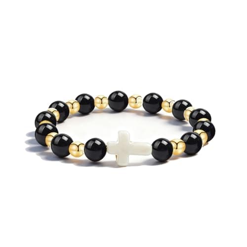 Alegend 8MM Black Obsidian Bracelet with 18K Gold Beads & Cross - Ward Off Negativity, Boost Confidence & Protection, Handmade Spiritual Jewelry - Image 1