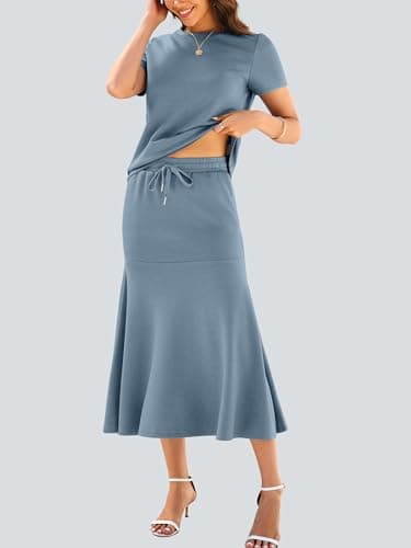 Casly Lamiit 2 Piece Outfits for Women Spring Lounge Short Sleeve Midi Skirt Sets Pockets Airport Beach Vacation Clothes Blue Grey S - Thumbnail 5